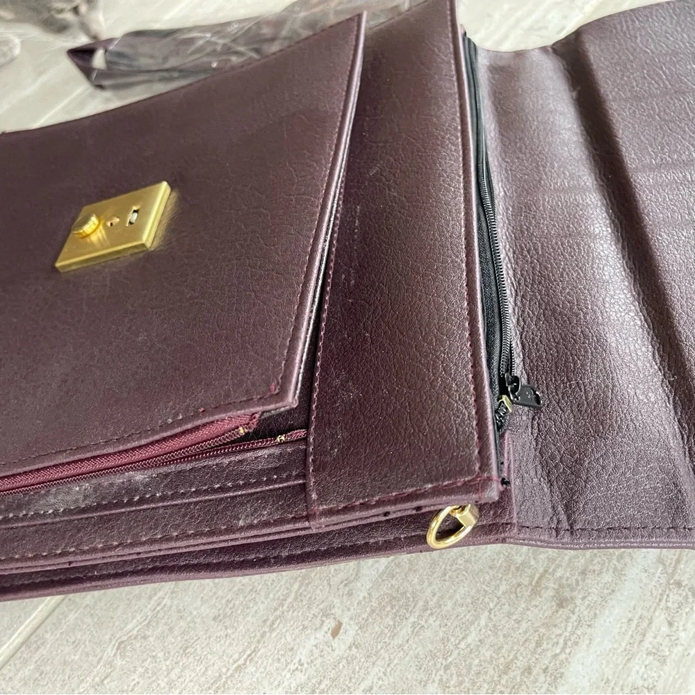 Vintage Burgundy leather vertical organizer briefcase satchel shoulder strap